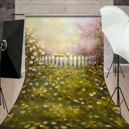 Lofaris Chicks on White Fence Backdrop Artistic Oil Painting Floral Meadow Scene Easter and Spring Photography