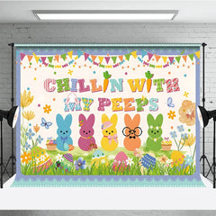 Lofaris Chillin With My Peeps Backdrop Funny Bunnies with Glasses and Hats Background Easter Party Decorations for Kids