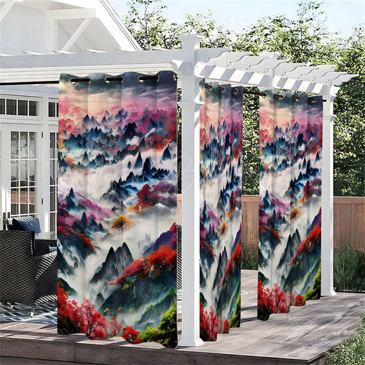 Lofaris Chinese Hill View Waterproof Printed Outdoor Curtains