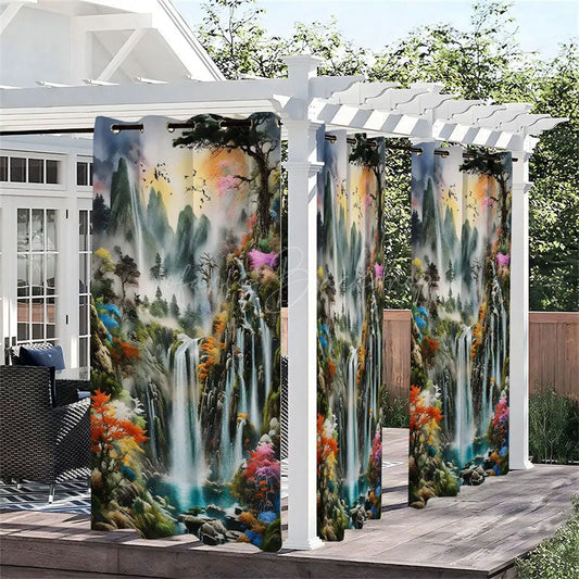 Lofaris Chinese Mountain Waterproof Printed Outdoor Curtains