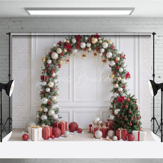 Lofaris Christmas Balloon Arch Backdrop Red Gold Silver Ornaments Decor White Wall Holiday Party Photo Props