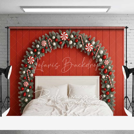 Lofaris Christmas Bedroom Headboard Backdrop Red Wall Candy Cane Fir Arch White Bed Photo Background