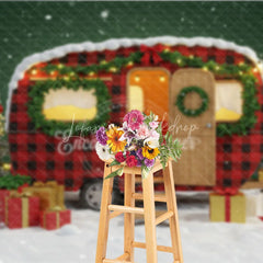 Lofaris Christmas Camper Photography Backdrop Red Buffalo Plaid Vintage Trailer Snowy Holiday Mini Session Background