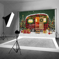 Lofaris Christmas Camper Photography Backdrop Red Buffalo Plaid Vintage Trailer Snowy Holiday Mini Session Background