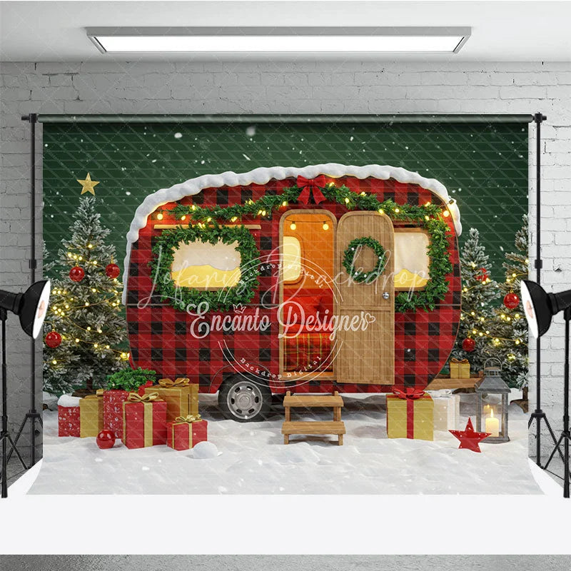 Lofaris Christmas Camper Photography Backdrop Red Buffalo Plaid Vintage Trailer Snowy Holiday Mini Session Background
