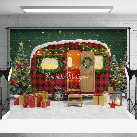 Lofaris Christmas Camper Photography Backdrop Red Buffalo Plaid Vintage Trailer Snowy Holiday Mini Session Background