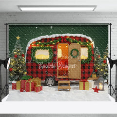 Lofaris Christmas Camper Photography Backdrop Red Buffalo Plaid Vintage Trailer Snowy Holiday Mini Session Background