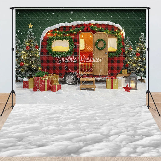 Lofaris Christmas Camper with Red Plaid Combo Set Backdrop Vintage Trailer in Snow Holiday Mini Session Photo Floor