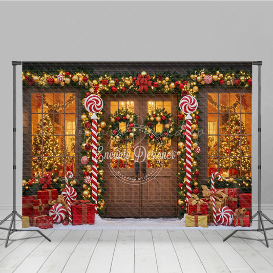 Lofaris Christmas Candy Cane Porch Photography Backdrop Red and Gold Garland Decor Holiday Photo Booth Background