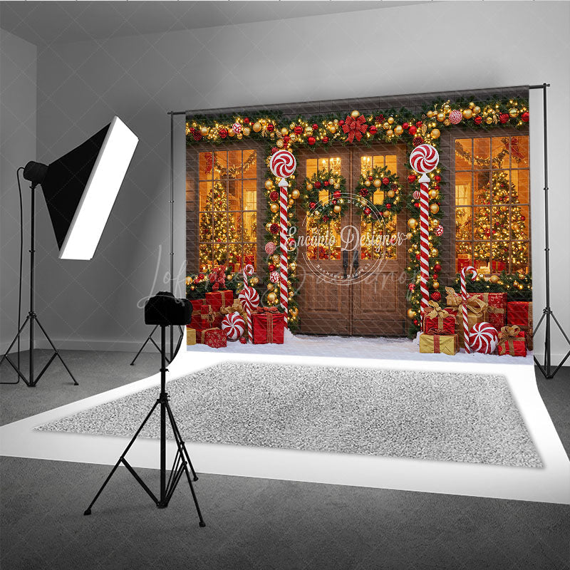 Lofaris Christmas Candy Cane Porch Photography Backdrop Red and Gold Garland Decor Holiday Photo Booth Background