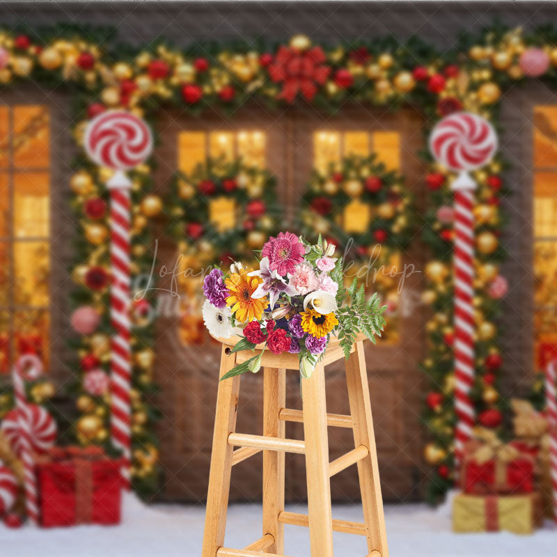 Lofaris Christmas Candy Cane Porch Photography Backdrop Red and Gold Garland Decor Holiday Photo Booth Background