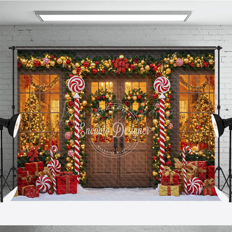 Lofaris Christmas Candy Cane Porch Photography Backdrop Red and Gold Garland Decor Holiday Photo Booth Background