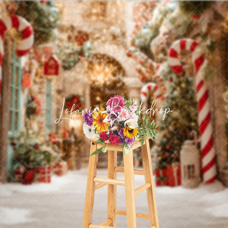 Lofaris Christmas Candy Cane Snow Street Holiday Backdrop Festive Warm Lights and Pine Tree Winter Party Decor