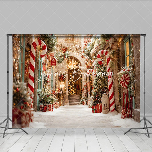 Lofaris Christmas Candy Cane Snow Street Holiday Backdrop Festive Warm Lights and Pine Tree Winter Party Decor