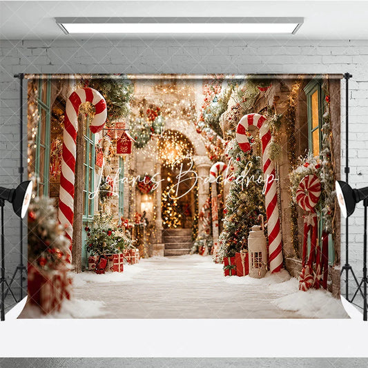 Lofaris Christmas Candy Cane Snow Street Holiday Backdrop Festive Warm Lights and Pine Tree Winter Party Decor