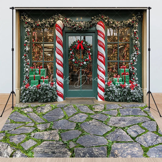 Lofaris Christmas Candy Cane Storefront Combo Set Backdrop Winter Holiday Shop Window Stone Floor Photography Prop