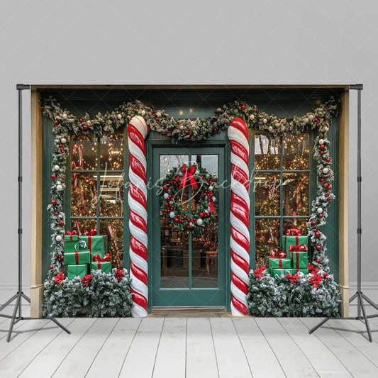 Lofaris Christmas Candy Cane Storefront Combo Set Backdrop Winter Holiday Shop Window Stone Floor Photography Prop