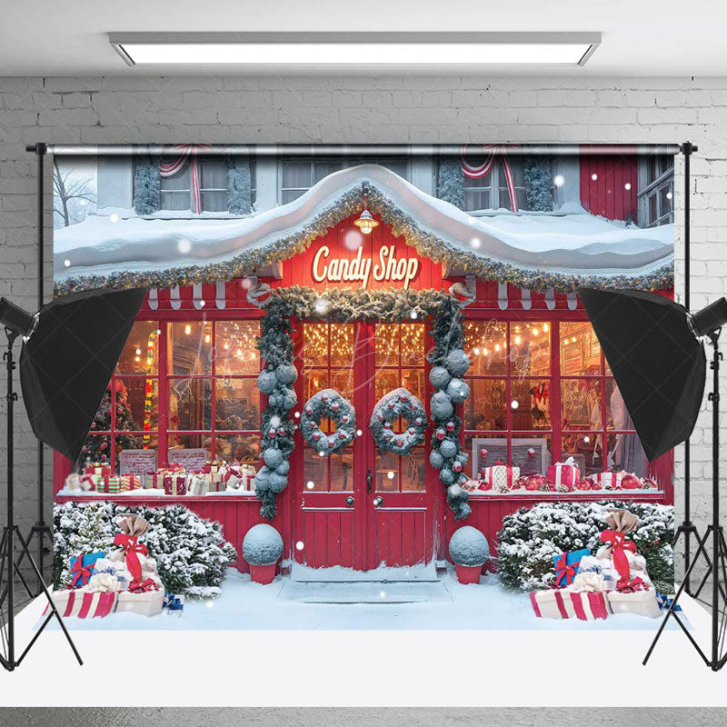 Lofaris Christmas Candy Shop Combo Set Backdrop Holiday Storefront with Snow Floor Winter Wonderland Photo Booth