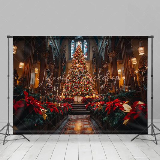 Lofaris Christmas Church Backdrop Grand Altar Tree Poinsettia Photography Background Religious Cathedral Holiday Party Decoration
