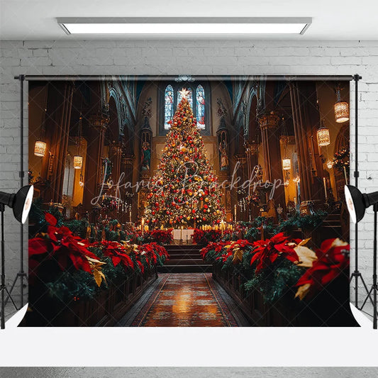 Lofaris Christmas Church Backdrop Grand Altar Tree Poinsettia Photography Background Religious Cathedral Holiday Party Decoration