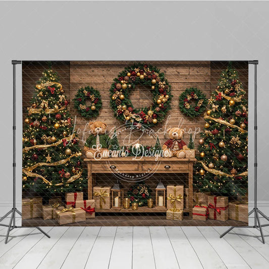 Lofaris Christmas Combo Set Backdrop Rustic Wood Wall and Floor Xmas Tree Wreath Holiday Photo Booth Props