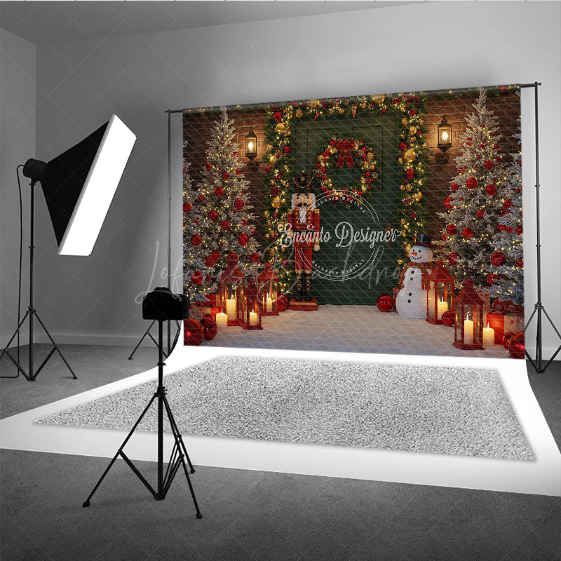 Lofaris Christmas Door Photography Backdrop with Nutcracker and Snowman Green Holiday Mini Session Background