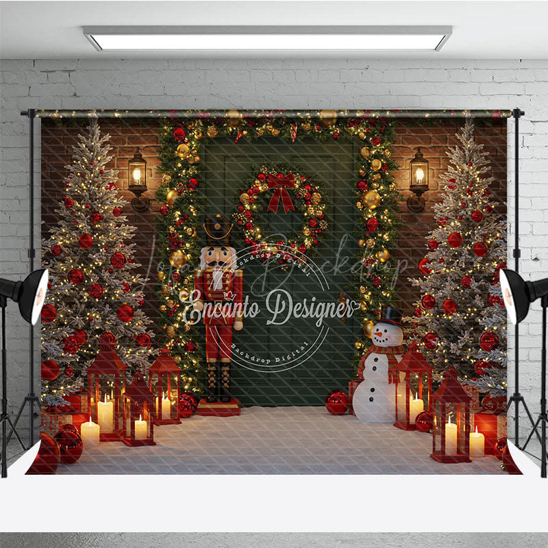 Lofaris Christmas Door Photography Backdrop with Nutcracker and Snowman Green Holiday Mini Session Background