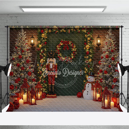 Lofaris Christmas Door Photography Backdrop with Nutcracker and Snowman Green Holiday Mini Session Background