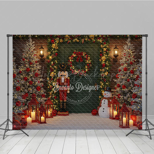 Lofaris Christmas Door Photography Backdrop with Nutcracker and Snowman Green Holiday Mini Session Background