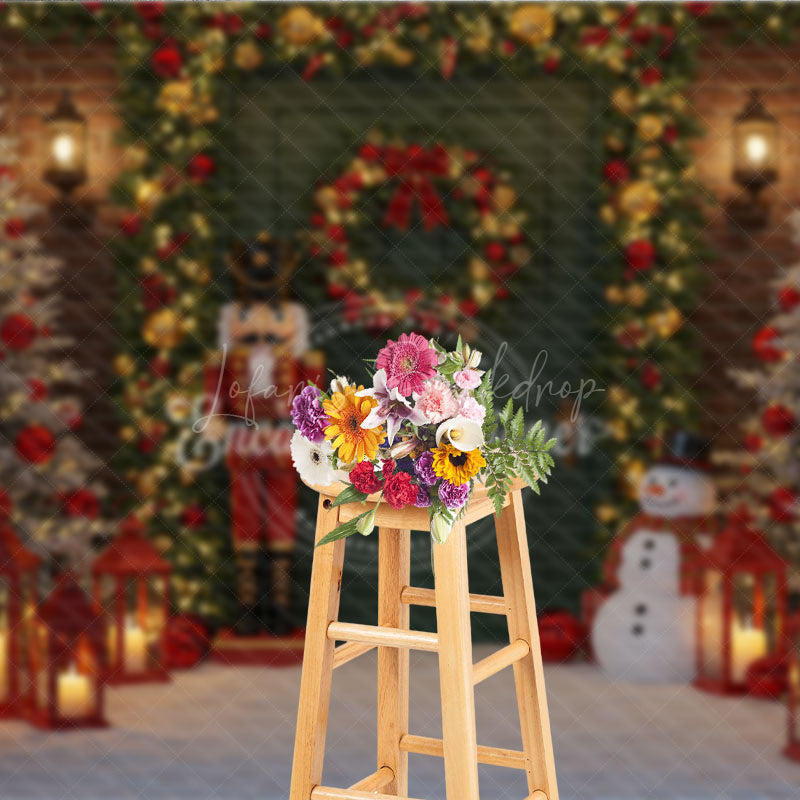 Lofaris Christmas Door Photography Backdrop with Nutcracker and Snowman Green Holiday Mini Session Background