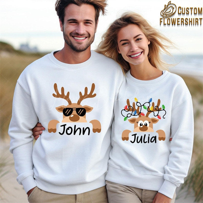 Lofaris Christmas Elk Couple Sweatshirts His and Hers Matching Holiday Pullover Personalized Name Romantic Xmas Gift Set