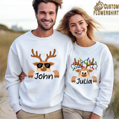 Lofaris Christmas Elk Couple Sweatshirts His and Hers Matching Holiday Pullover Personalized Name Romantic Xmas Gift Set