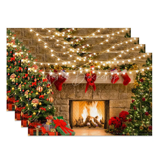 Lofaris Christmas Fireplace Set of 4 Placemats Cozy Xmas Tree with Stockings String Lights Holiday Table Mats