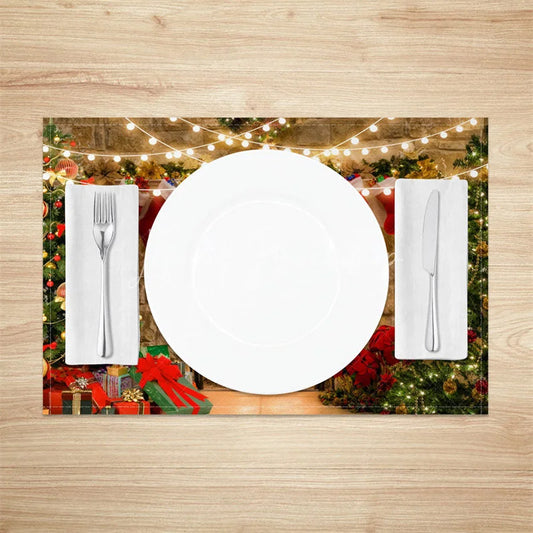 Lofaris Christmas Fireplace Set of 4 Placemats Cozy Xmas Tree with Stockings String Lights Holiday Table Mats