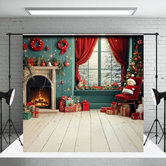 Lofaris Christmas Fireplace Sweep Photo Backdrop Cozy Room with Snowman and Gifts Teal Red Holiday Studio Prop