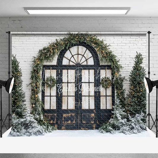 Lofaris Christmas Front Door Backdrop Black Arched Window Wreath Pine Trees Lights Snow White Brick Background