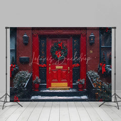 Lofaris Christmas Front Door Backdrop Red Brick House Wreath Photography Background Winter Snow Entryway Holiday Party Decoration