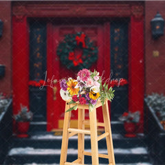 Lofaris Christmas Front Door Backdrop Red Brick House Wreath Photography Background Winter Snow Entryway Holiday Party Decoration
