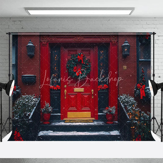 Lofaris Christmas Front Door Backdrop Red Brick House Wreath Photography Background Winter Snow Entryway Holiday Party Decoration