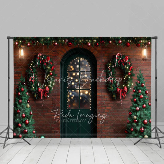 Lofaris Christmas Front Door Backdrop Red Brick Wall Wreath Photography Background Winter Snow Entrance Holiday Party Decoration