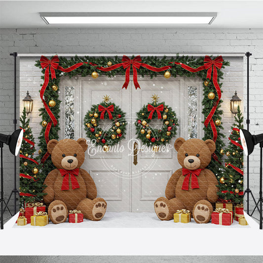 Lofaris Christmas Front Door Photography Backdrop Teddy Bears in the Snow with Garland Holiday Photo Background