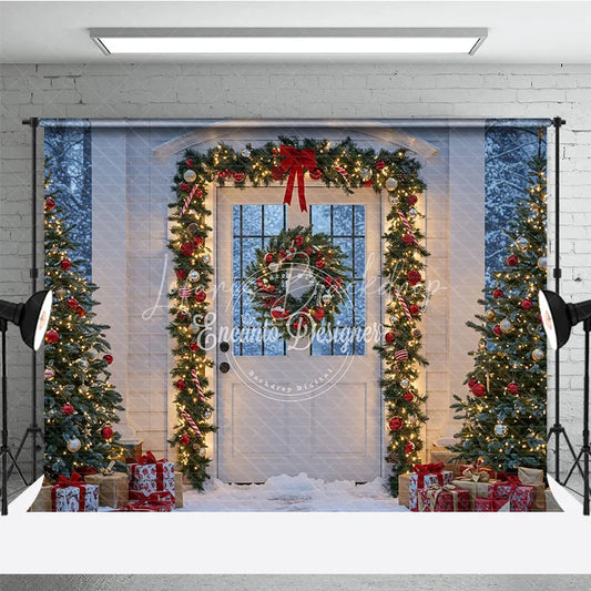 Lofaris Christmas Front Door Photography Backdrop White with Garland and Red Bows Snowy Holiday Photo Background