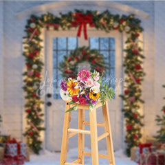 Lofaris Christmas Front Door Photography Backdrop White with Garland and Red Bows Snowy Holiday Photo Background
