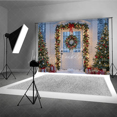 Lofaris Christmas Front Door Photography Backdrop White with Garland and Red Bows Snowy Holiday Photo Background