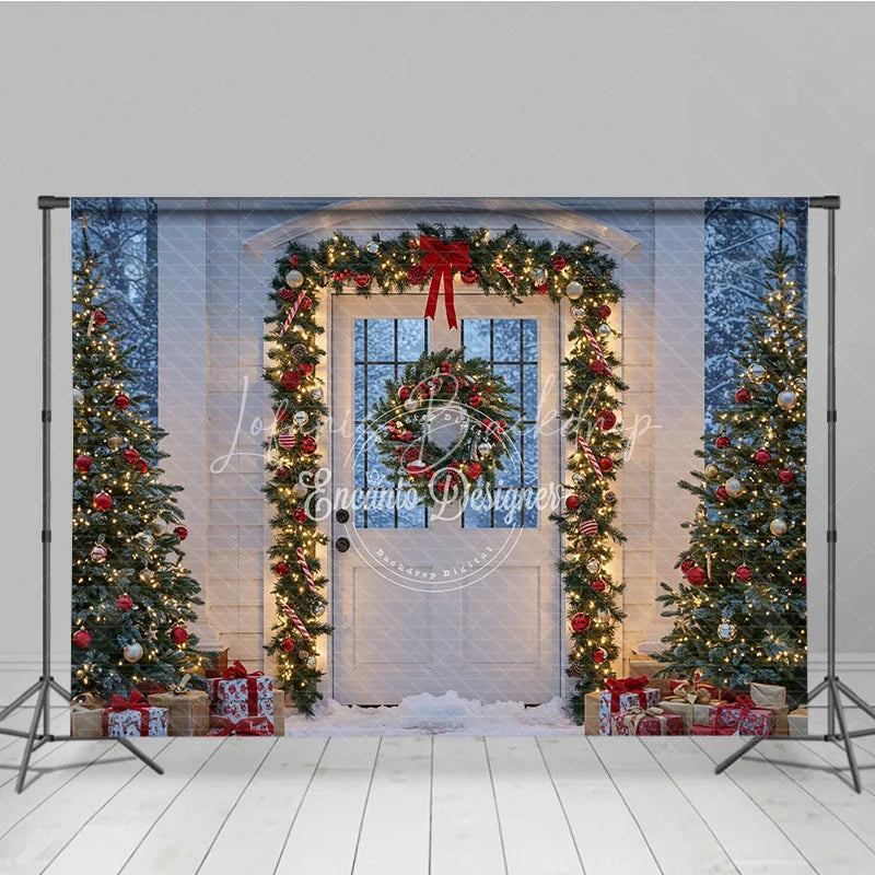 Lofaris Christmas Front Door Photography Backdrop White with Garland and Red Bows Snowy Holiday Photo Background
