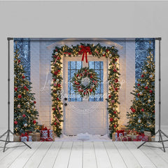 Lofaris Christmas Front Door Photography Backdrop White with Garland and Red Bows Snowy Holiday Photo Background