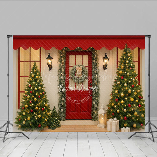 Lofaris Christmas Front Porch Photography Backdrop Red Door with Garland and Trees Welcoming Holiday Photo Background
