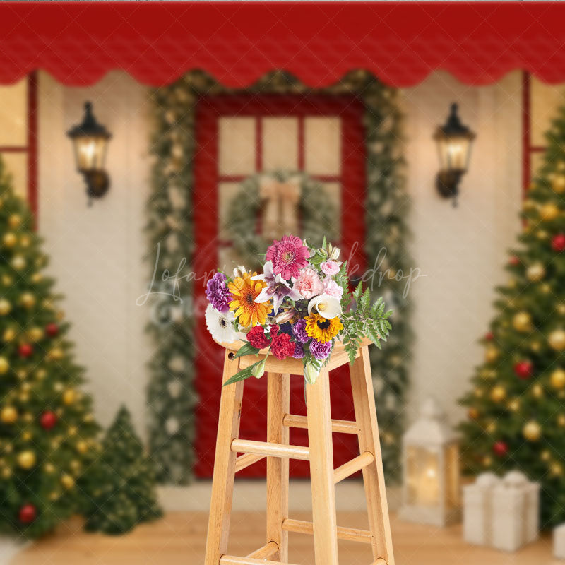 Lofaris Christmas Front Porch Photography Backdrop Red Door with Garland and Trees Welcoming Holiday Photo Background