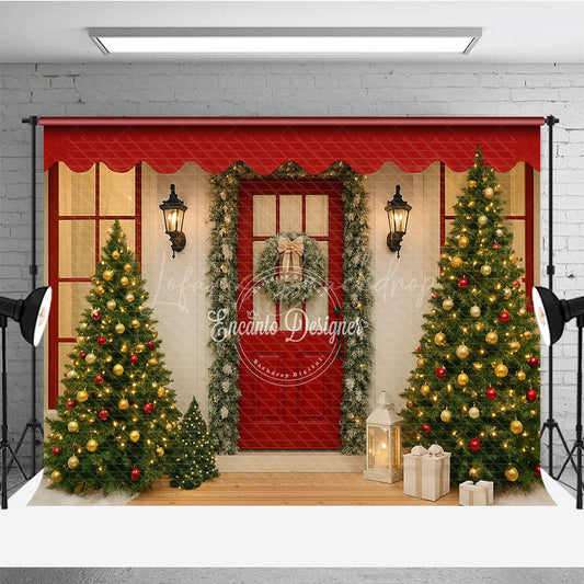 Lofaris Christmas Front Porch Photography Backdrop Red Door with Garland and Trees Welcoming Holiday Photo Background