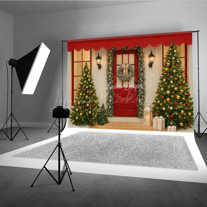 Lofaris Christmas Front Porch Photography Backdrop Red Door with Garland and Trees Welcoming Holiday Photo Background